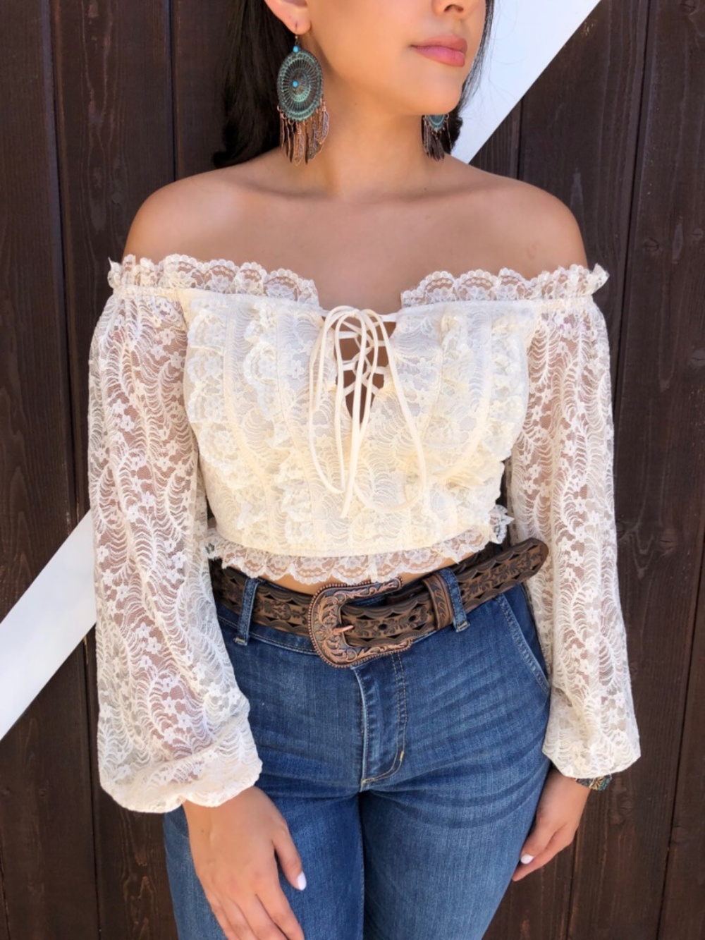 Shein Curve Cream Lace Long Sleeve Off Shoulder Crop Top